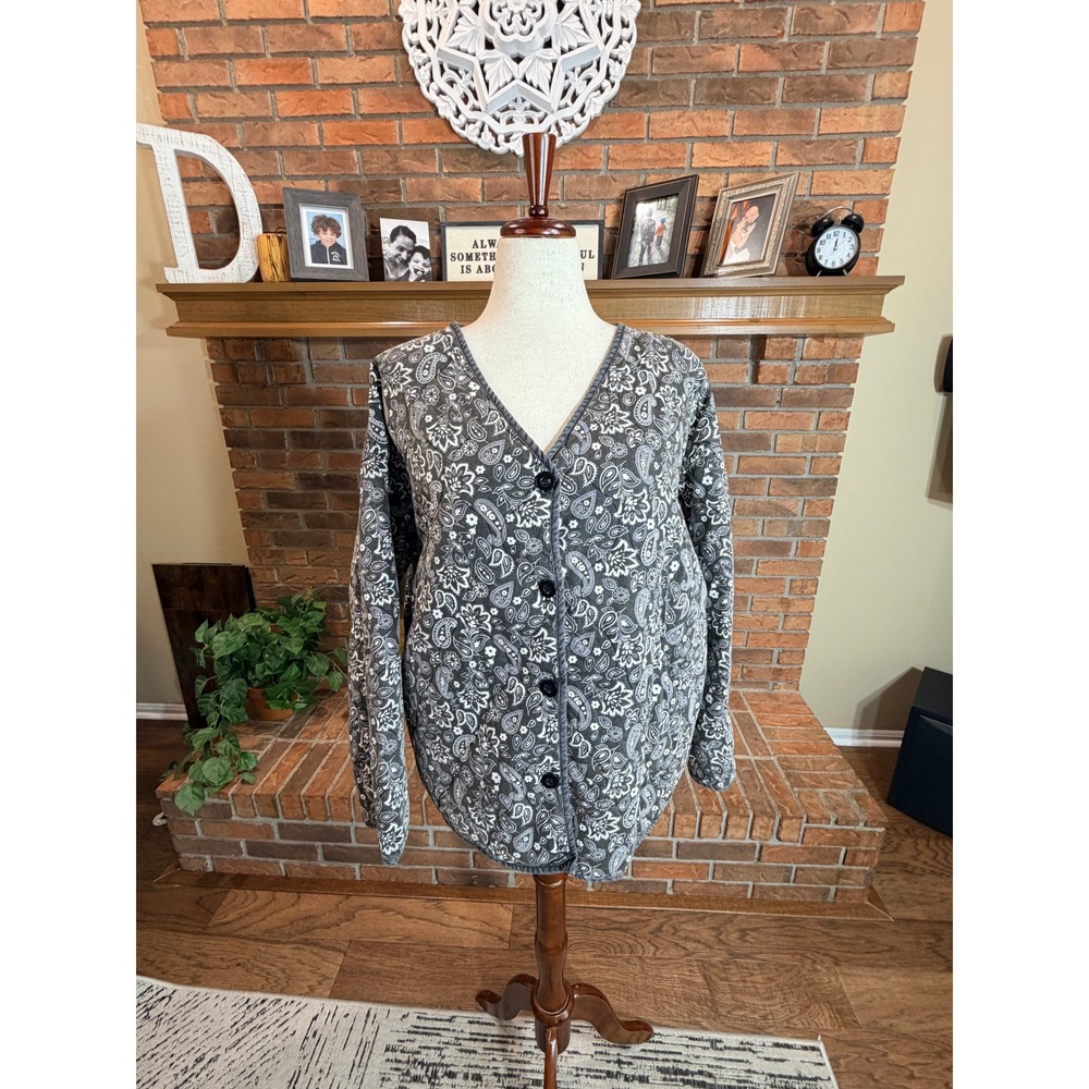 Easel Quilted Jacket Women Gray White Paisley Print Button Front Large